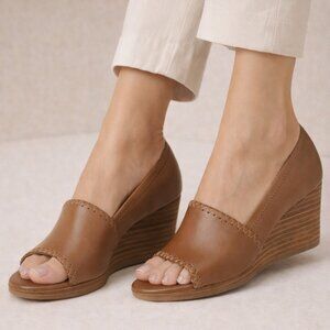 Jack Rogers Palmer Leather Wedge Sandals Luggage Brown Whipstitch 7